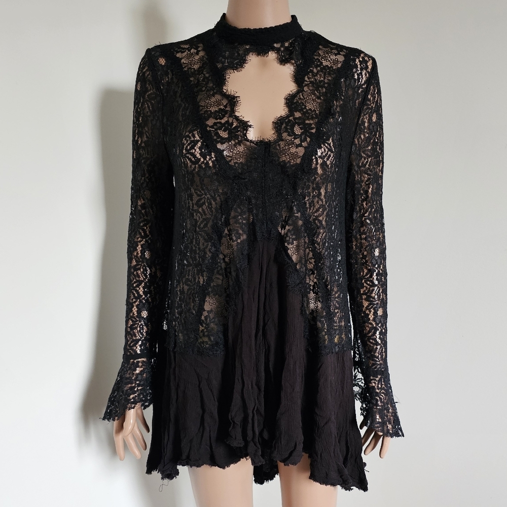 Free People Tell Tale Tunic Lace Dress Black Med - Picture 5 of 11